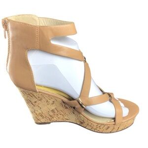 Pink Key Tan Strappy Cork Wedge Sandals size 7